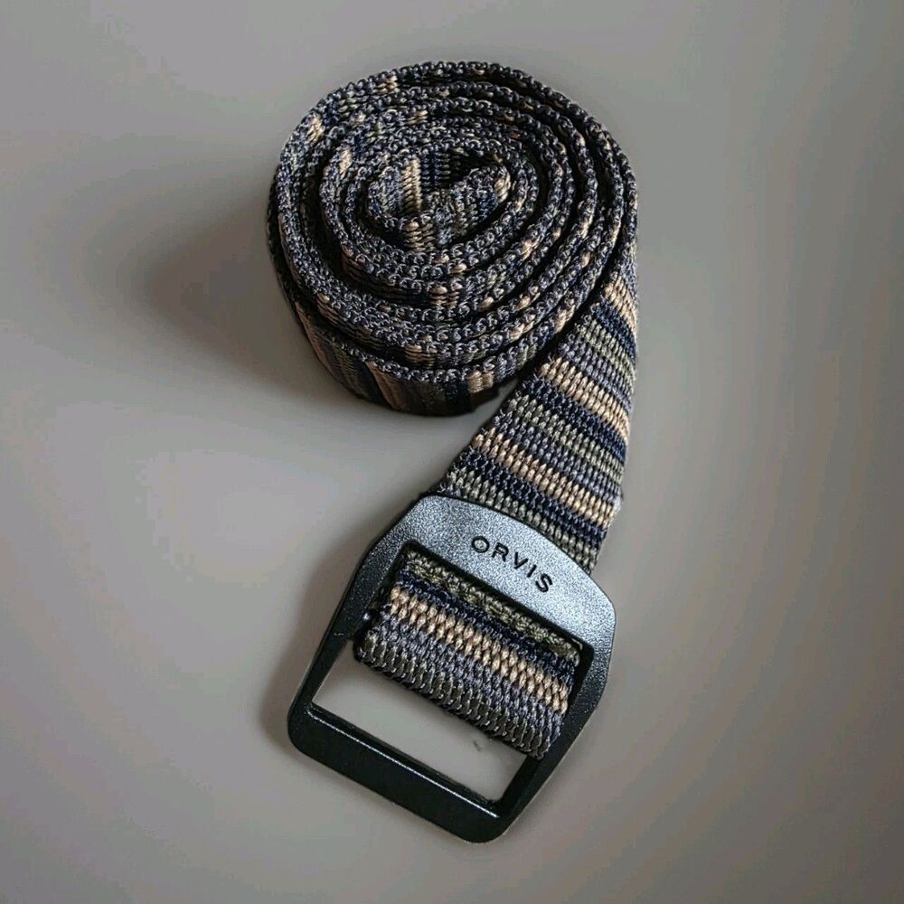 Orvis Mens Webbed Belt 34 Striped Nylon Woven Outdoor Hiking Casual Olive Tan